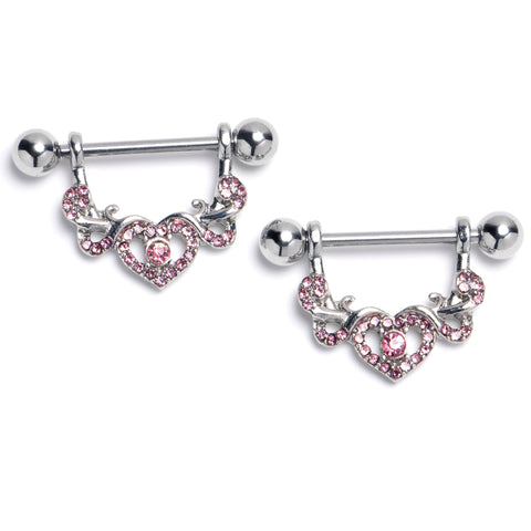 14G 9/16 Pink CZ Gem Ornate Hearts Dangle Nipple Ring Set