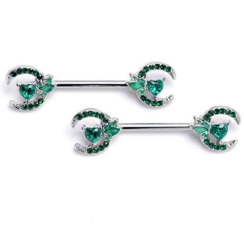 14G 9/16 Green Gem Butterfly Heart Moon Barbell Nipple Ring Set