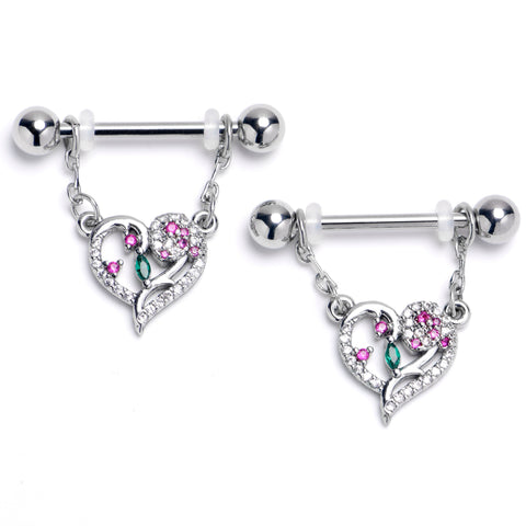 14G 9/16 Emerald Passion CZ Gem Heart Dangle Nipple Ring Set