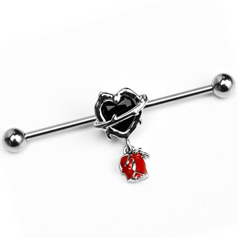 14G Barbed Heart Internally Threaded Dangle Industrial Barbell 38mm