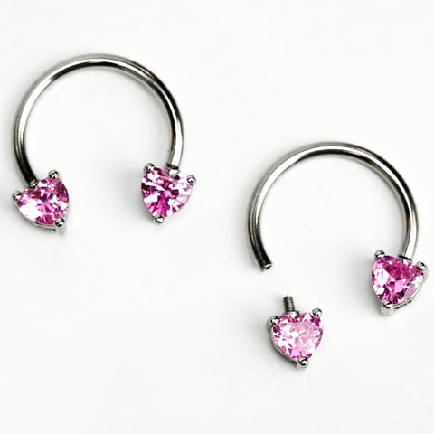 14G 9/16 Pink Gem Heart Internally Threaded Horseshoe Nipple Ring Set