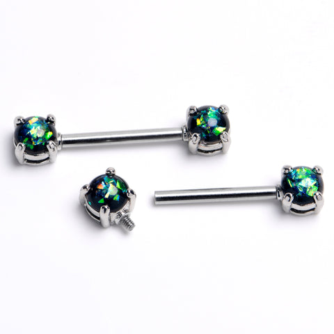14G 9/16 Black Faux Opal Internally Threaded Nipple Ring Set