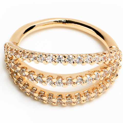 18G 3/8 Clear CZ Gem Gold Tone Faux Triple Hoop Closure Ring