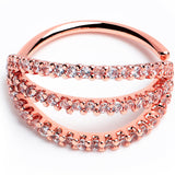 20G 3/8 Clear CZ Gem Rose Gold Tone Faux Triple Hoop Nose Hoop