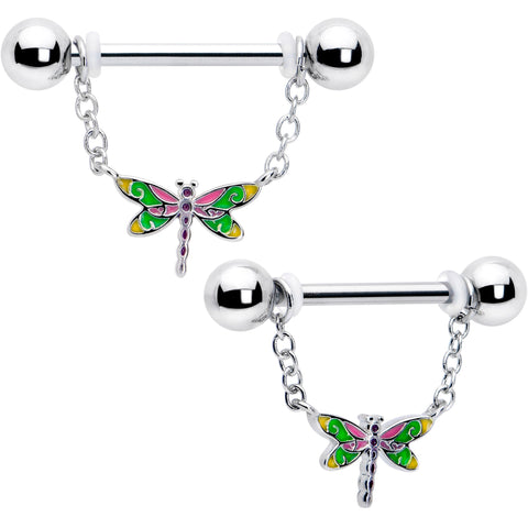 14G 9/16 Dragonfly Colors Chain Dangle Nipple Ring Set