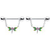 14G 9/16 Dragonfly Colors Chain Dangle Nipple Ring Set
