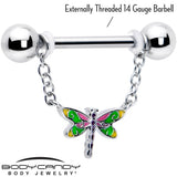 14G 9/16 Dragonfly Colors Chain Dangle Nipple Ring Set