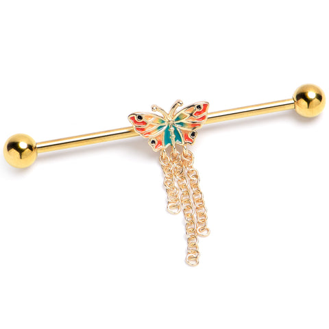 14G Gold Tone Sunrise Butterfly Dangle Industrial Barbell 38mm