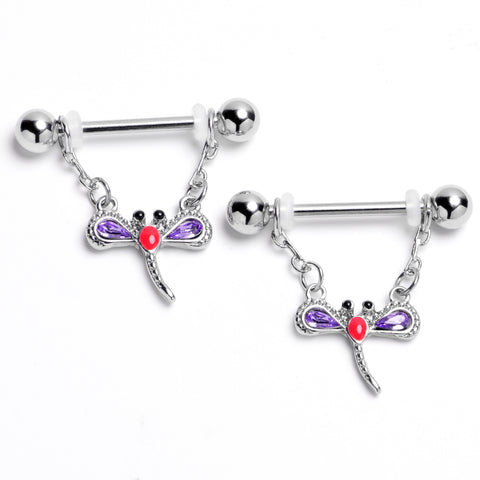 14G 9/16 Purple Gem Embellished Dragonfly Dangle Nipple Ring Set