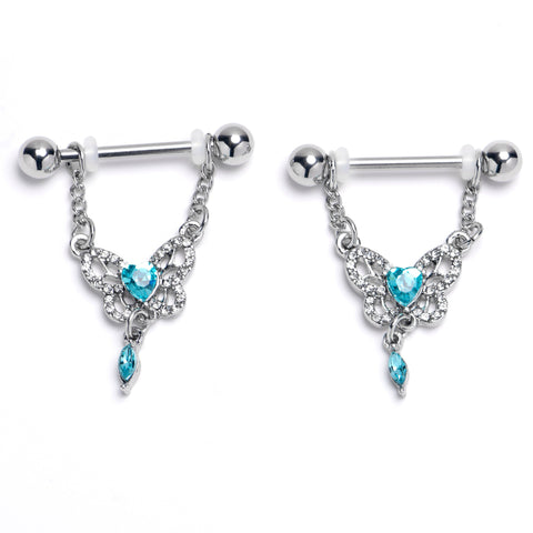 14G 9/16 Clear Blue Gem Whimsical Butterfly Dangle Nipple Ring Set