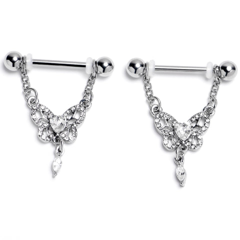14G 9/16 Clear Gem Whimsical Butterfly Dangle Nipple Ring Set