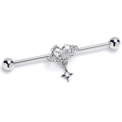 14G Clear CZ Gem Starry Heart Dangle Industrial Barbell 38mm