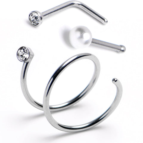 20G L-Shape Faux Pearl Nose Bone Gem Twister Double Nose Hoop Ring 3 Pack