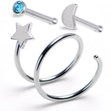 20G Aqua Gem Crescent Moon Nose Bone Star Twister Double Nose Hoop Ring 3 Pack