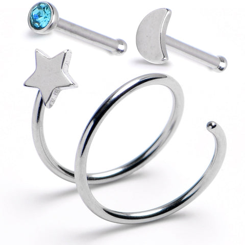 20G Aqua Gem Crescent Moon Nose Bone Star Twister Double Nose Hoop Ring 3 Pack