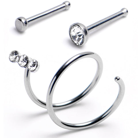20G Nose Bone Triple Gem Twister Double Nose Hoop Ring 3 Pack