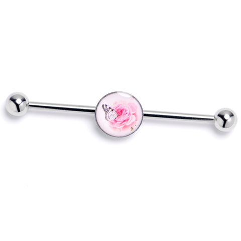 14G Butterfly Pink Rose Industrial Barbell 38mm