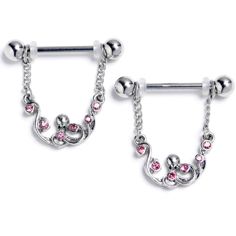 14G 9/16 Pink Gem Scrolling Elegance Dangle Nipple Ring Set