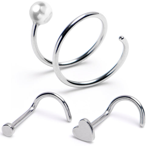 20G Heart Disc Spiral Left Side Screw Nose Ring Set of 3