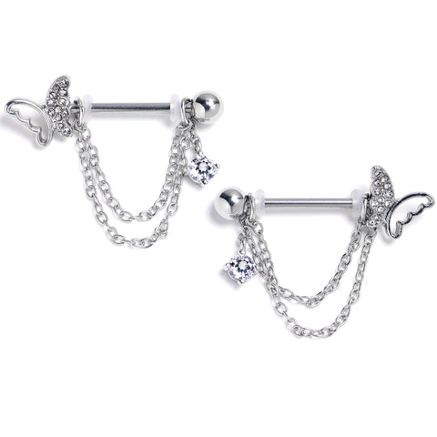 14G 9/16 Clear Gem Butterfly White Chain Dangle Nipple Ring Set