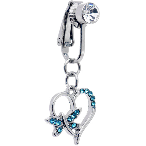 Blue CZ Gem Dragonfly Heart Dangle Clip on Fake Belly Ring