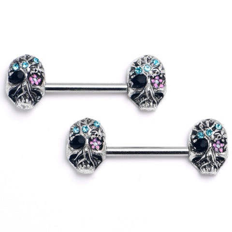 14G 9/16 Blue Gem Stylish Skull Barbell Nipple Ring Set