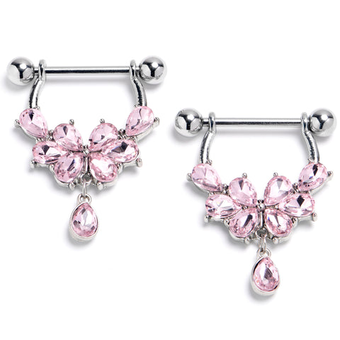 14G 9/16 Pink Gem Baroque Flower Bloom Dangle Nipple Ring Set