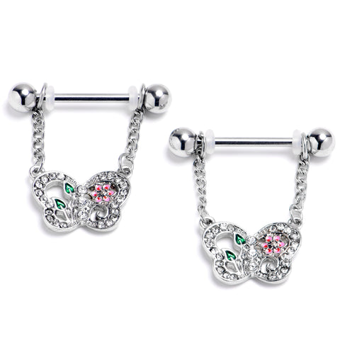 14G 9/16 Clear Gem Floral Butterfly Style Dangle Nipple Ring Set