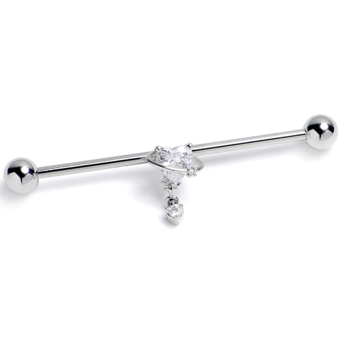 14G Clear CZ Gem Saturn Heart Dangle Industrial Barbell 38mm