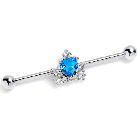 14G Blue Clear Gem Heart Crown Industrial Barbell 38mm