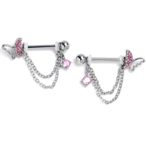 14G 9/16 Pink Gem Butterfly White Dangle Nipple Ring Set