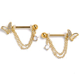 14G 9/16 Clear Gem Gold Tone Butterfly White Dangle Nipple Ring Set