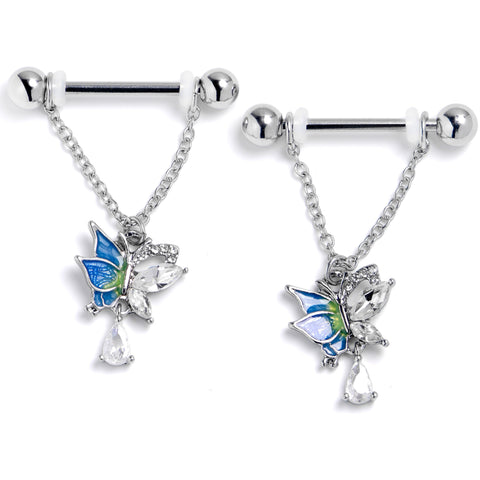 14G 9/16 Clear Gem Dazzling Butterfly Dangle Nipple Ring Set