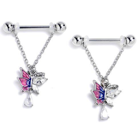 14G 9/16 Clear Gem Dazzling Butterfly Purple Dangle Nipple Ring Set