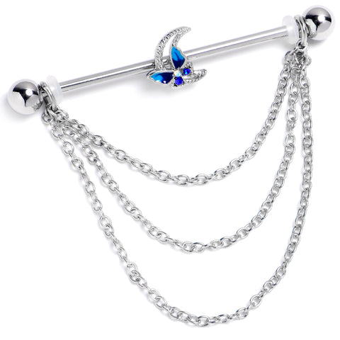14G Aurora Gem Butterfly Blue Beauty Dangle Industrial Barbell 38mm