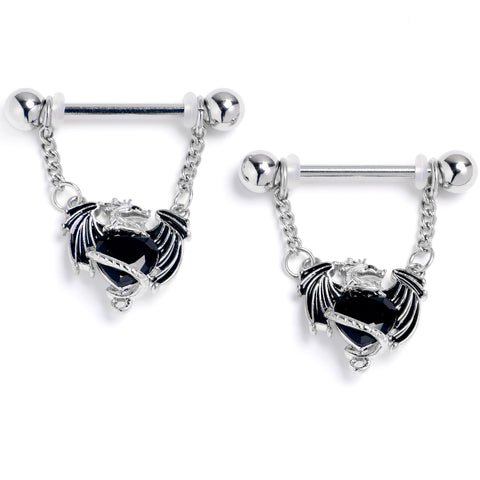 14G 9/16 Black CZ Gem Heart of Dragon Dangle Nipple Ring Set