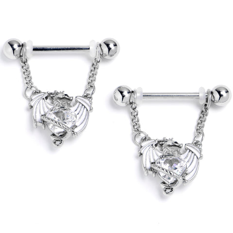 14G 9/16 Clear CZ Gem Heart of Dragon Dangle Nipple Ring Set