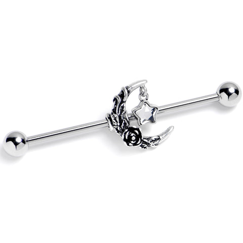 14G Clear Gem Ornate Moon Star Industrial Barbell 38mm