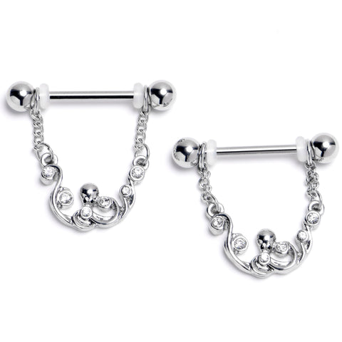14G 9/16 Clear Gem Scrolling Elegance Dangle Nipple Ring Set
