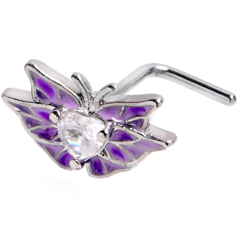 20G 7mm Clear CZ Gem Heart Butterfly Purple L Shape Nose Ring