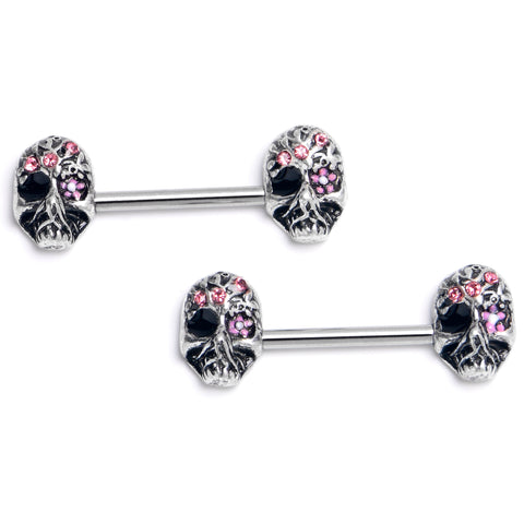 14G 9/16 Pink Black CZ Gem Stylish Skull Barbell Nipple Ring Set
