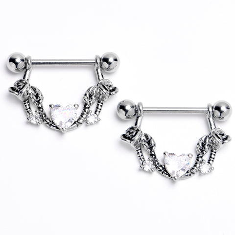 14G 9/16 Clear CZ Gem Serpentine Hearts Dangle Nipple Ring Set