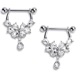 14G 9/16 Clear Gem Baroque Flower Bloom Dangle Nipple Ring Set