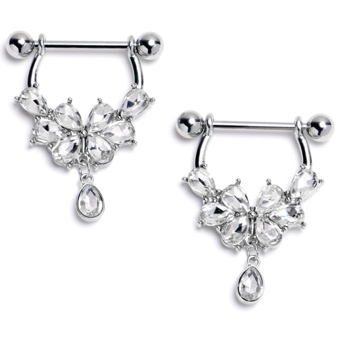 14G 9/16 Clear Gem Baroque Flower Bloom Dangle Nipple Ring Set