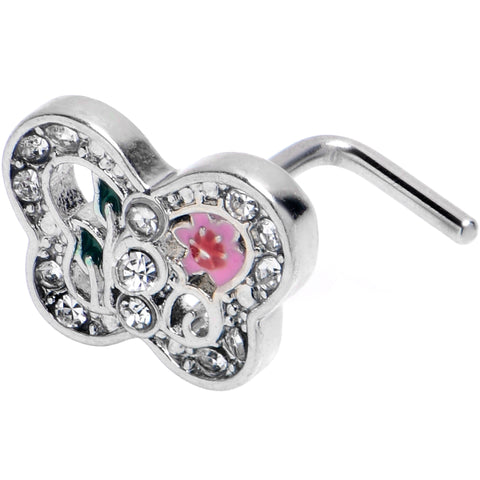 20G 7mm Clear CZ Gem Floral Butterfly L Shape Nose Ring