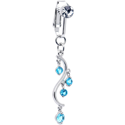 Blue CZ Gem Swirl Dangle Clip on Fake Belly Ring