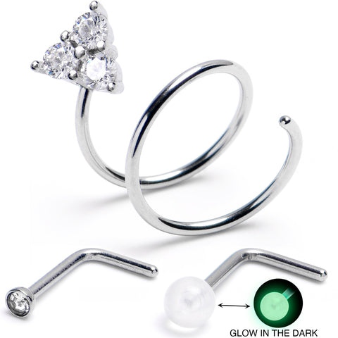 20G Clear Gem Spiral Glow In Dark L Shape Nose Ring Set of 3