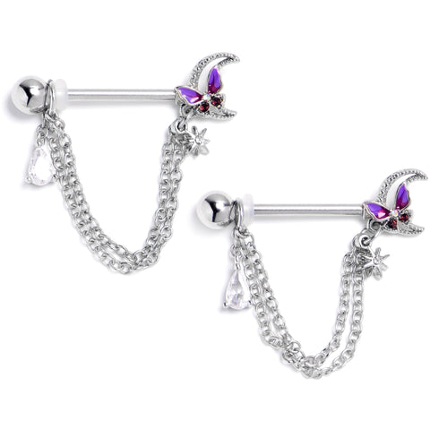 14G 9/16 Clear CZ Gem Butterfly Purple Beauty Dangle Nipple Ring Set