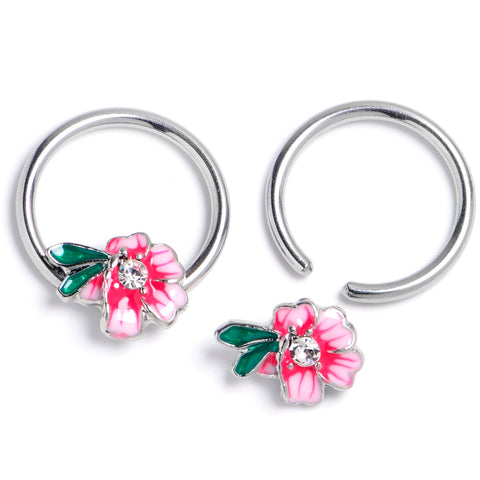 14G 9/16 Clear Gem Faerie Flower Pink BCR Captive Ring Set