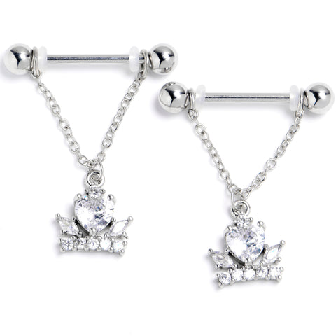 14G 9/16 Clear CZ Gem Crown Heart Dangle Nipple Ring Set